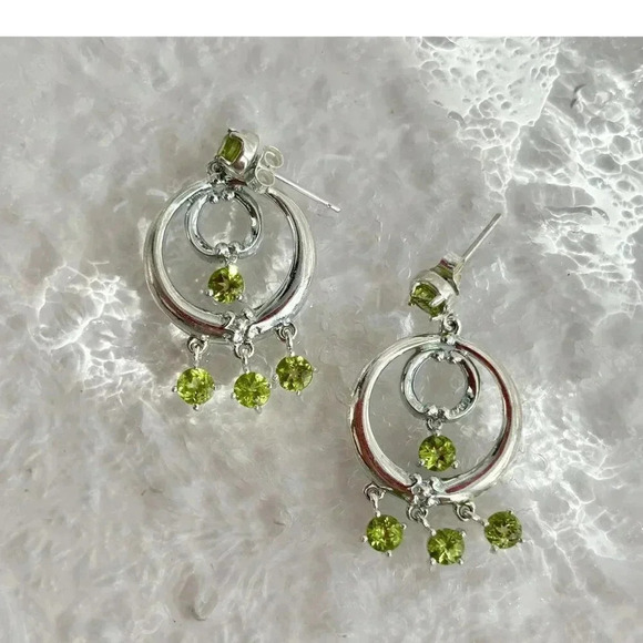 Sterling Silver Green Rhinestone Chandelier Style Hoop Boho Retro Earrings - Picture 2 of 10
